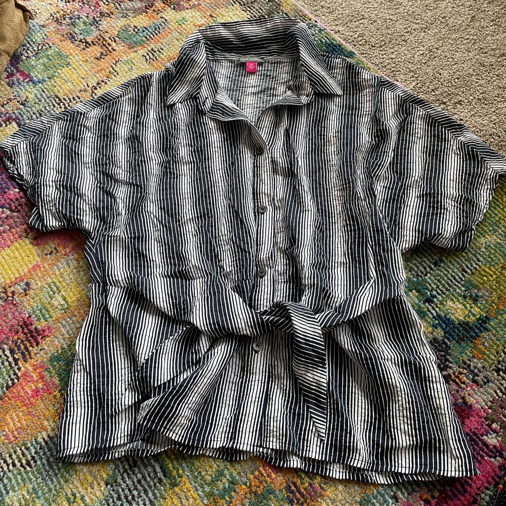 Vince Camuto Navy Blue and White Striped Blouse